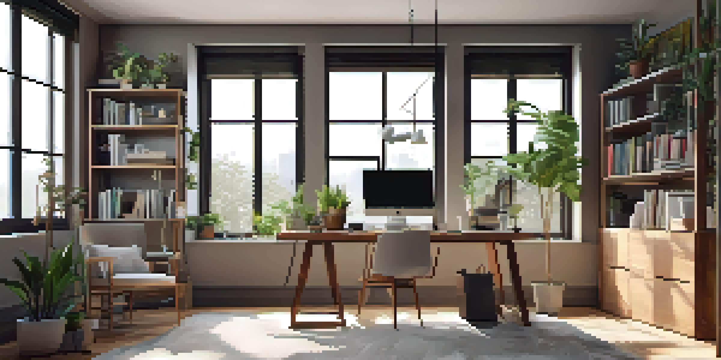 A cozy home office with a wooden desk, laptop, books, and a plant, illuminated by natural light from a window.