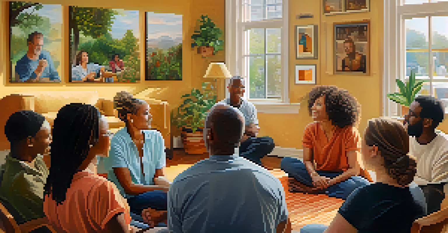 A diverse group of people sitting in a circle, engaged in discussion in a cozy room.