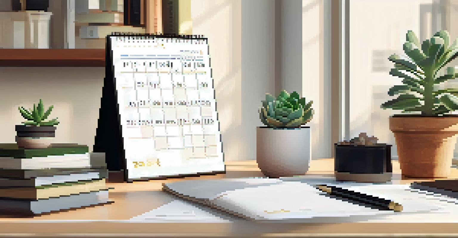 A workspace with a calendar marked with career milestones and financial goals, surrounded by books and a plant in bright light.