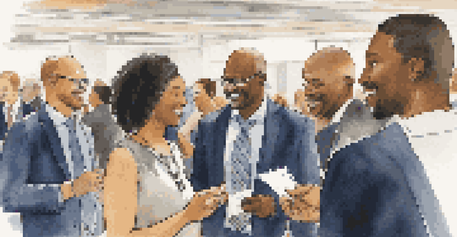 A group of diverse professionals networking at a conference, with business cards being exchanged and banners of accrediting bodies in the background.