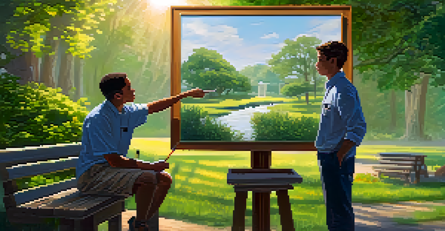 A mentor and mentee discussing a project outdoors, with a flipboard and sunlight filtering through trees.