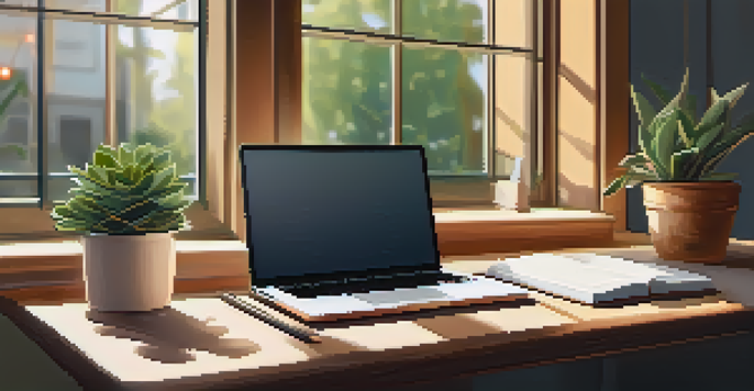 A cozy workspace with a wooden desk, laptop, notepad with goals, cup of coffee, and a small plant, illuminated by sunlight.