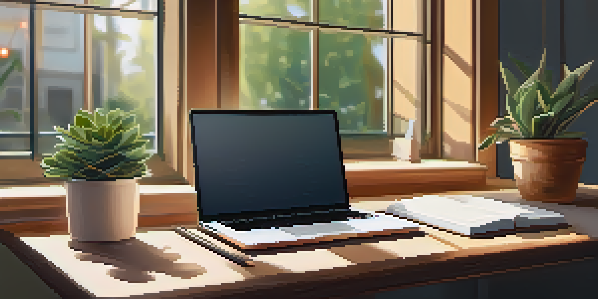A cozy workspace with a wooden desk, laptop, notepad with goals, cup of coffee, and a small plant, illuminated by sunlight.