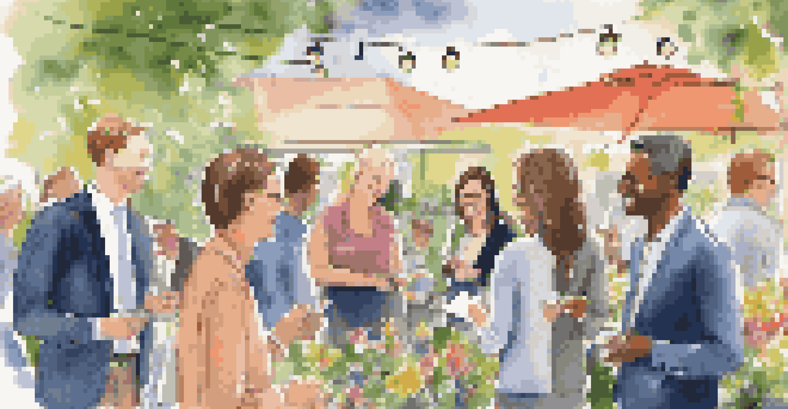 Professionals networking in a beautifully decorated garden with string lights and flowers.