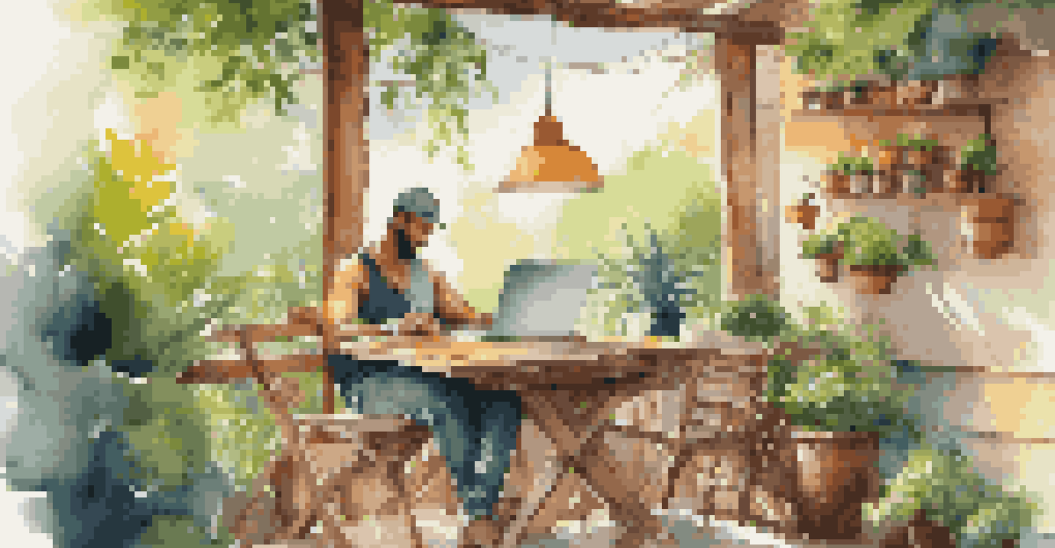 A digital nomad working on a laptop at a rustic café table surrounded by greenery and colorful flowers.