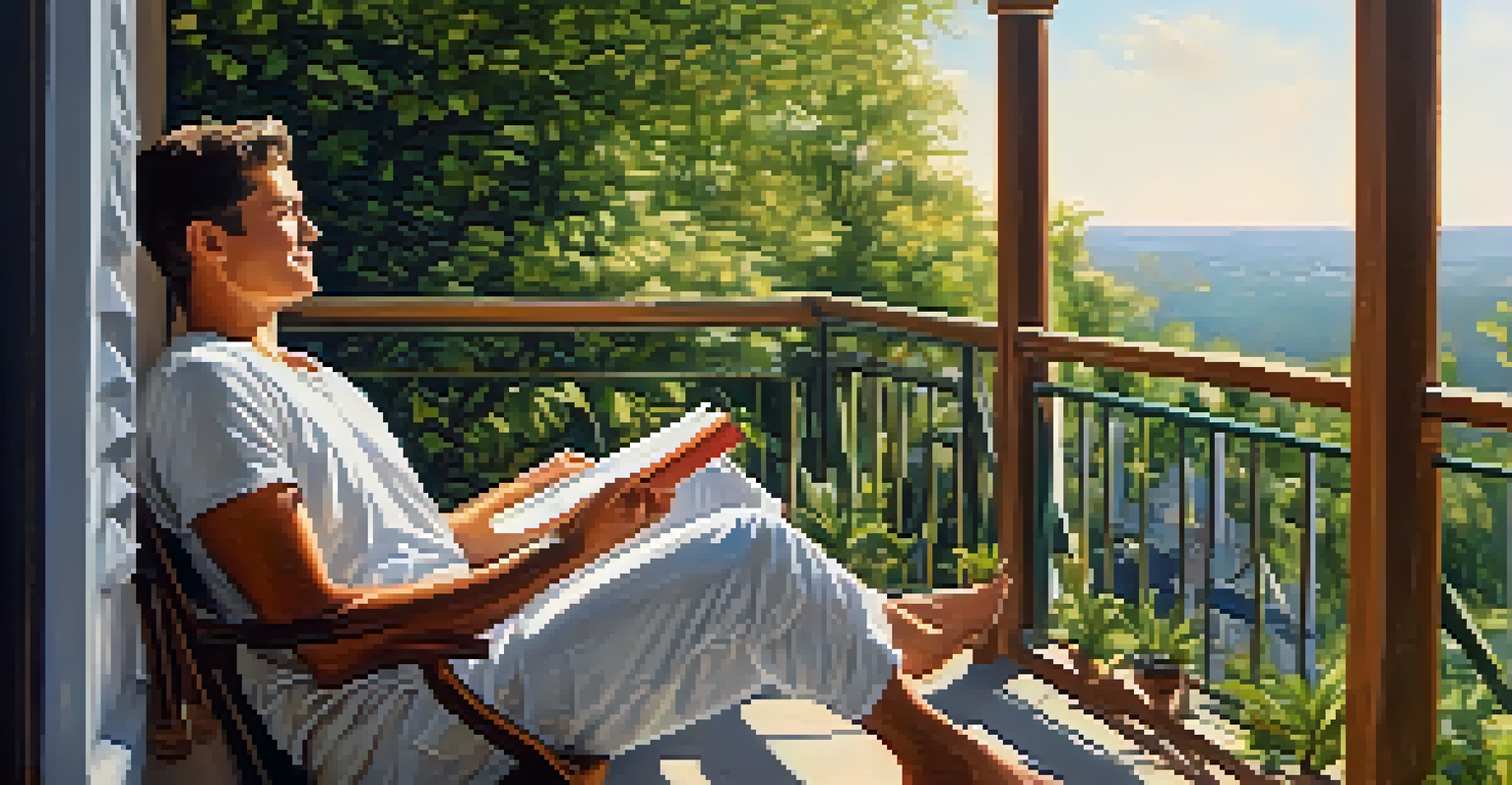 A person relaxing on a balcony with greenery, stretching and enjoying tea, with a book beside them.