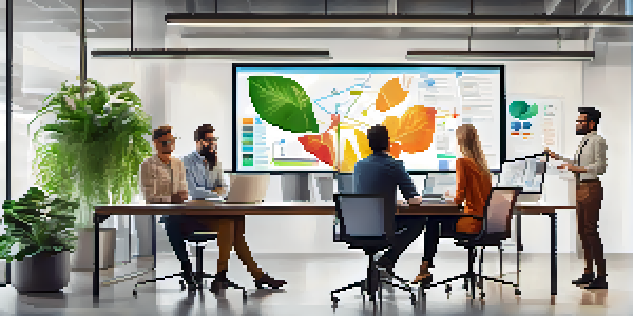 A diverse group of professionals working together in a bright office, collaborating over a digital screen filled with ideas.