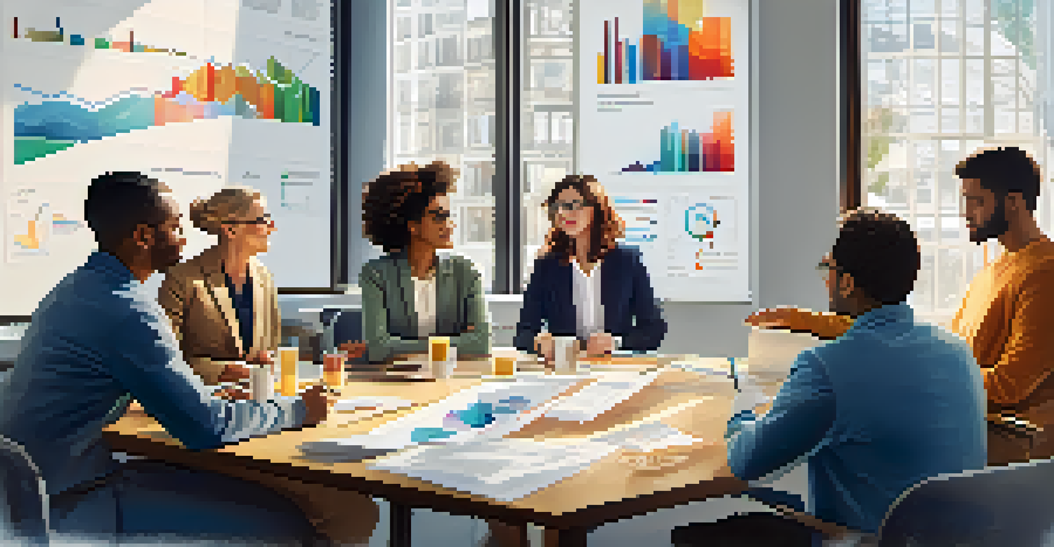 A group of diverse professionals discussing ideas around a table, with charts displayed on a screen, in a bright office setting.