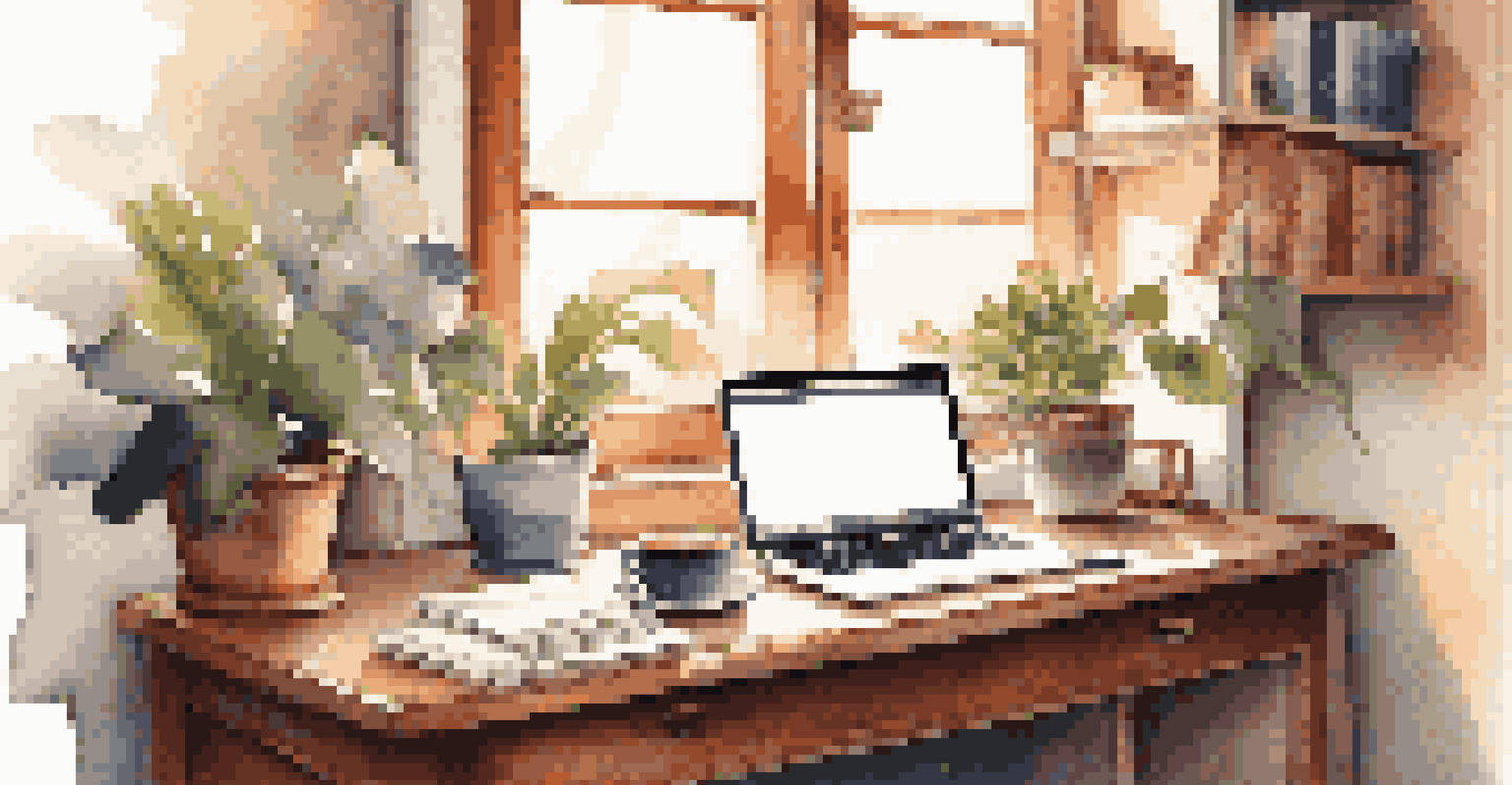A warm and inviting workspace with a wooden desk, laptop, coffee cup, and indoor plant, illuminated by sunlight.