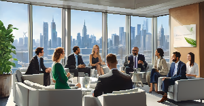 A vibrant networking event with diverse professionals talking and exchanging business cards in a bright office space with city views.