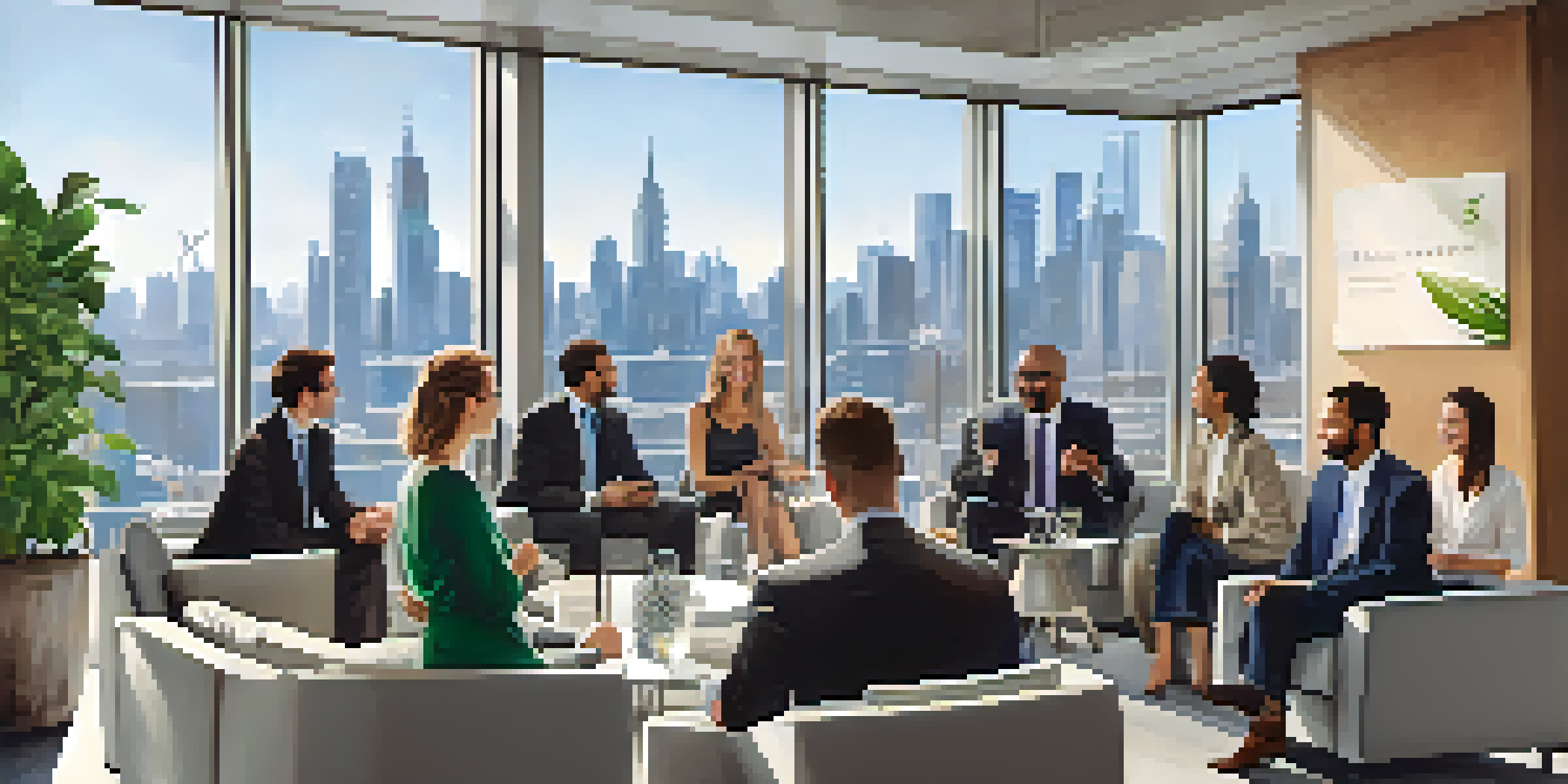 A vibrant networking event with diverse professionals talking and exchanging business cards in a bright office space with city views.