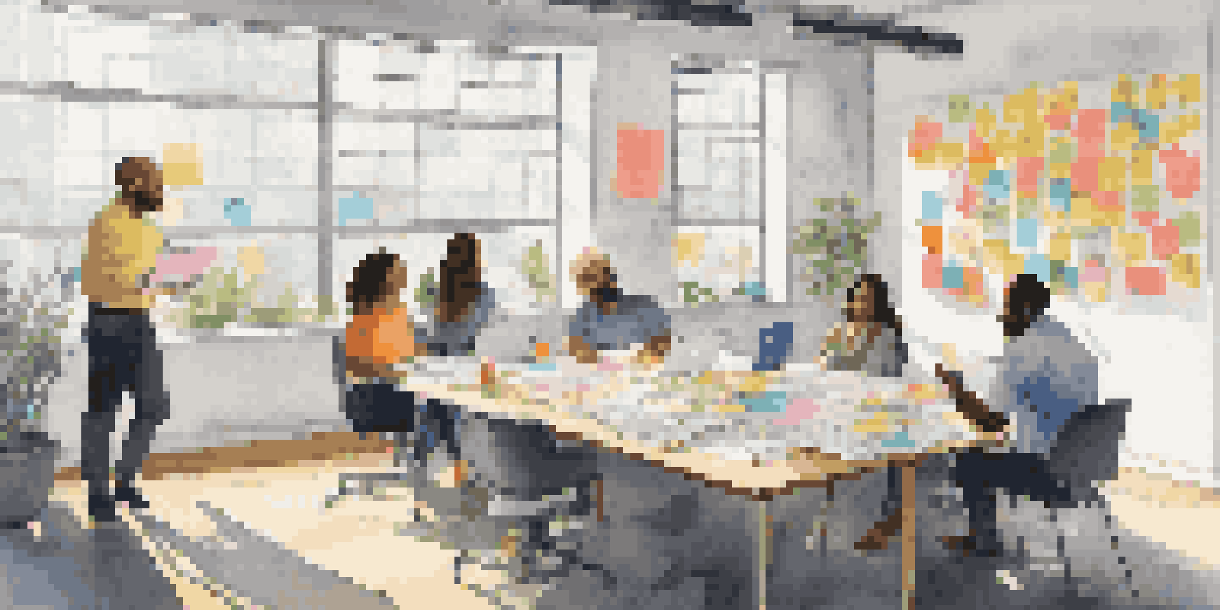 A diverse group of professionals collaborating in a bright office space with motivational quotes on the walls.