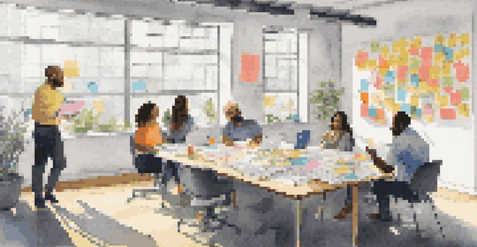 A diverse group of professionals collaborating in a bright office space with motivational quotes on the walls.