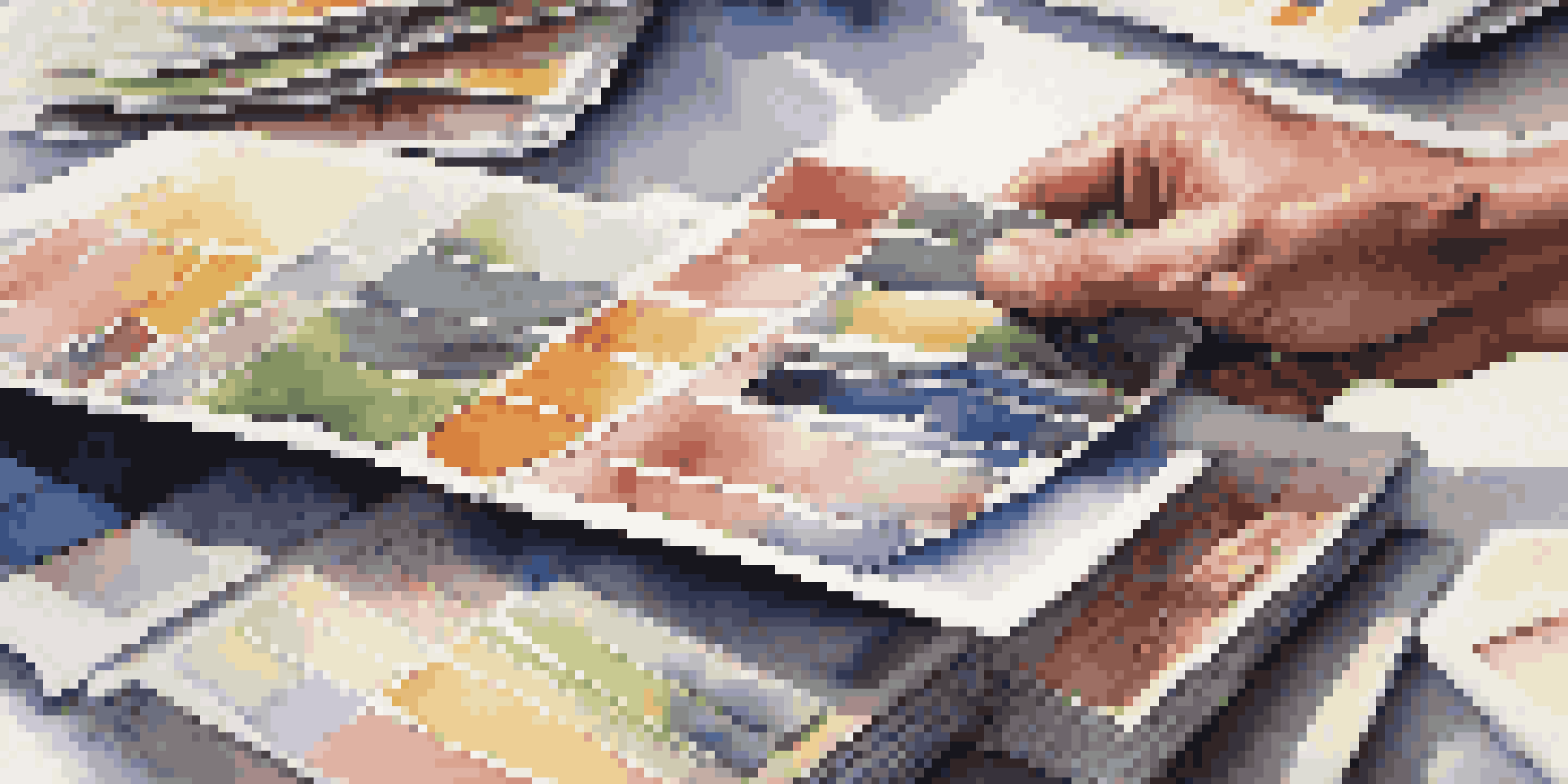 A close-up view of a professional showcasing their portfolio and business cards at an event.