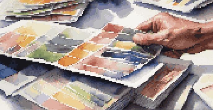 A close-up view of a professional showcasing their portfolio and business cards at an event.