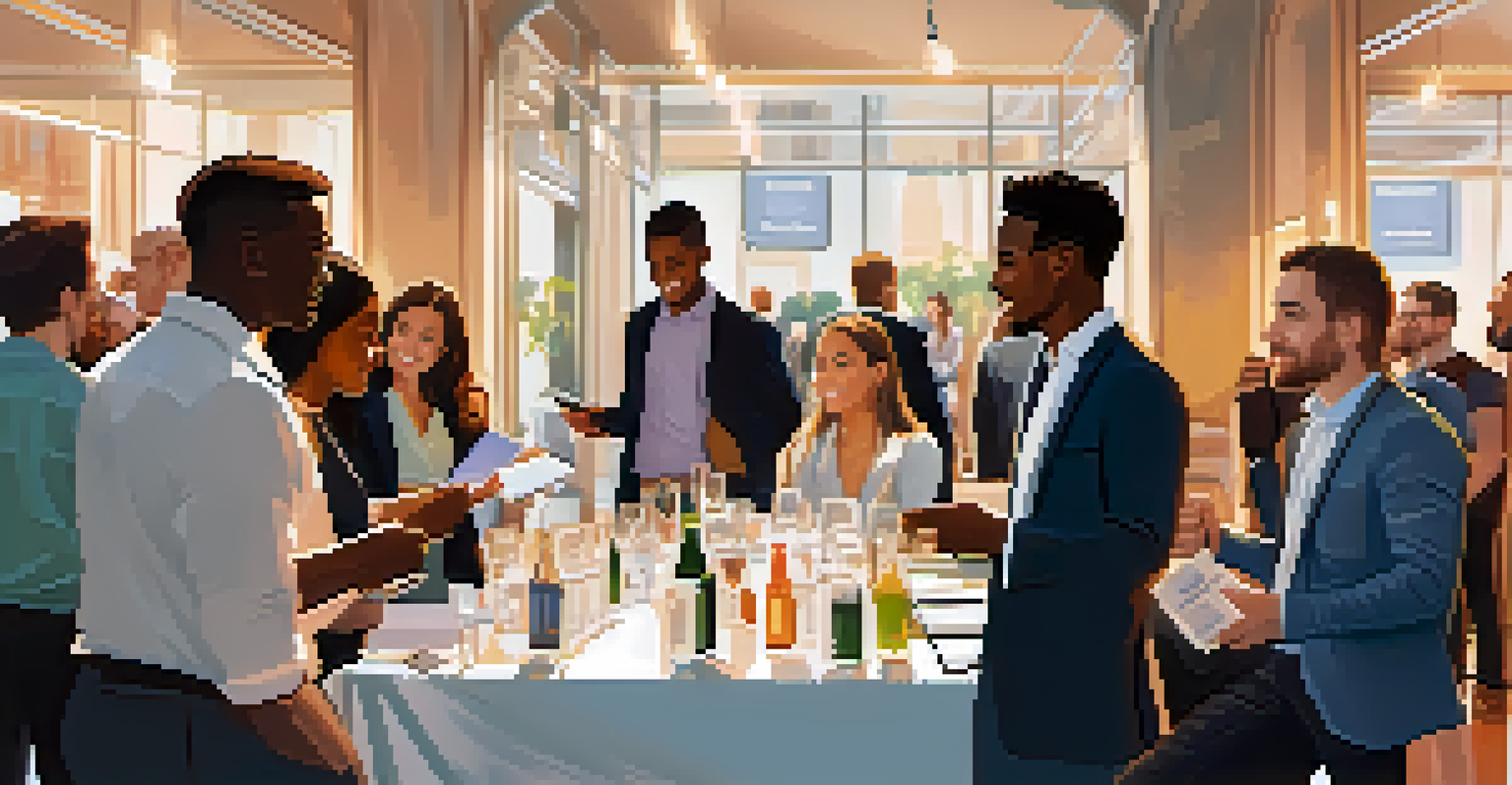 A lively networking event with young professionals and students engaged in conversation and exchanging business cards.