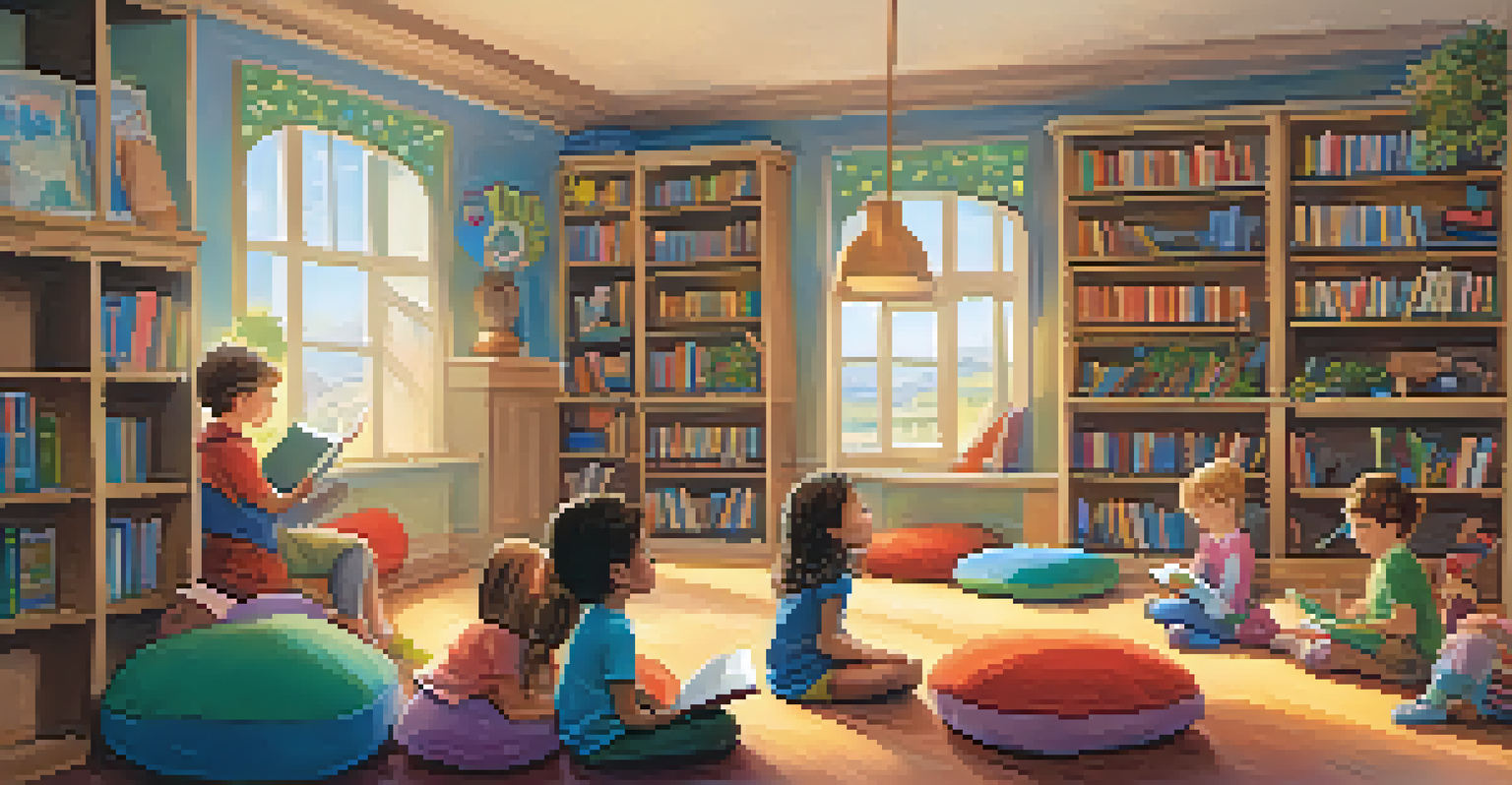 A volunteer reading to children in a cozy library corner, surrounded by bookshelves and colorful decorations, with children listening attentively.