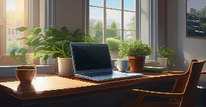 A bright office space with a wooden desk, an open laptop, books, a cup of coffee, and potted plants, illuminated by sunlight.