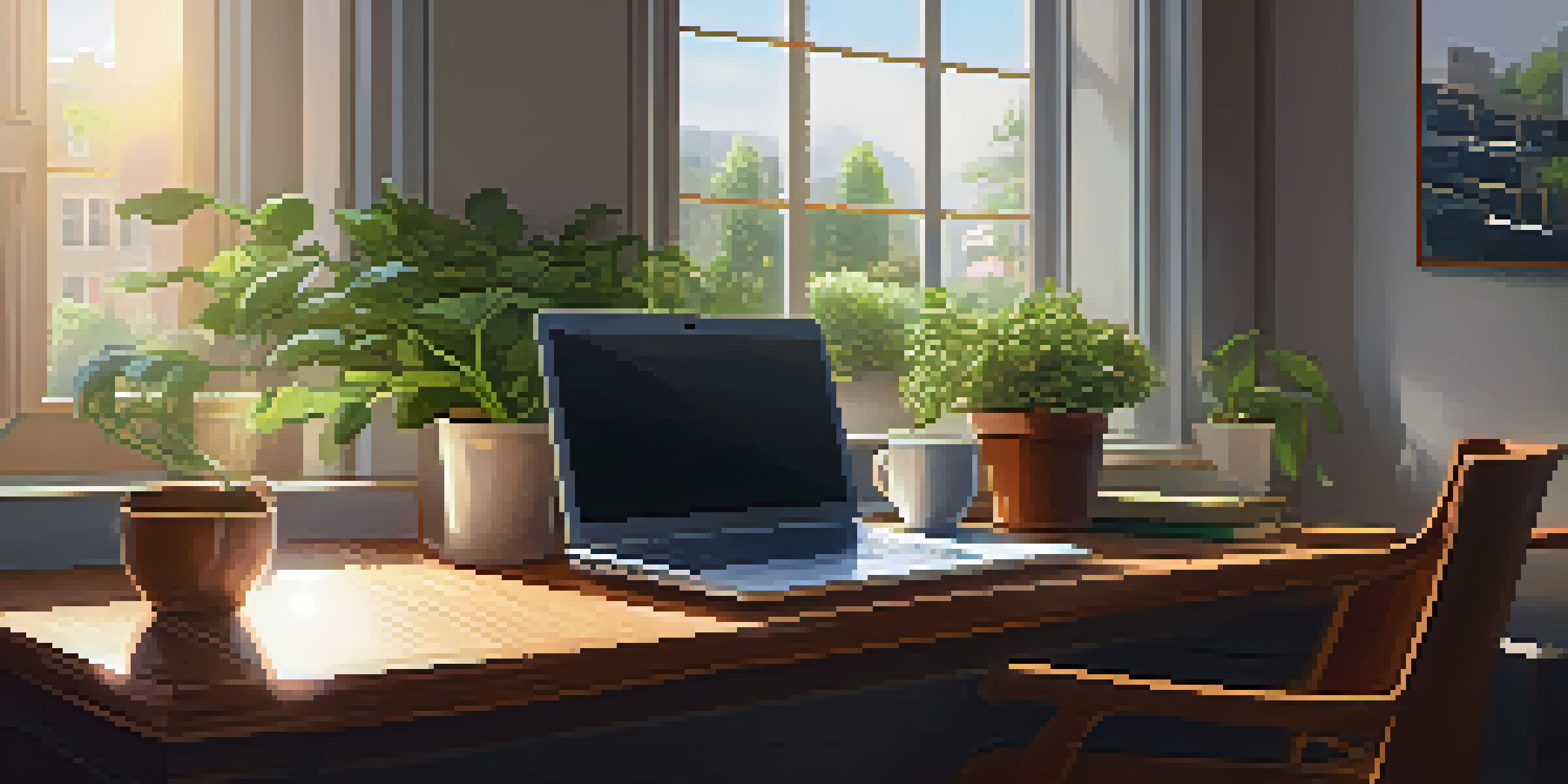 A bright office space with a wooden desk, an open laptop, books, a cup of coffee, and potted plants, illuminated by sunlight.