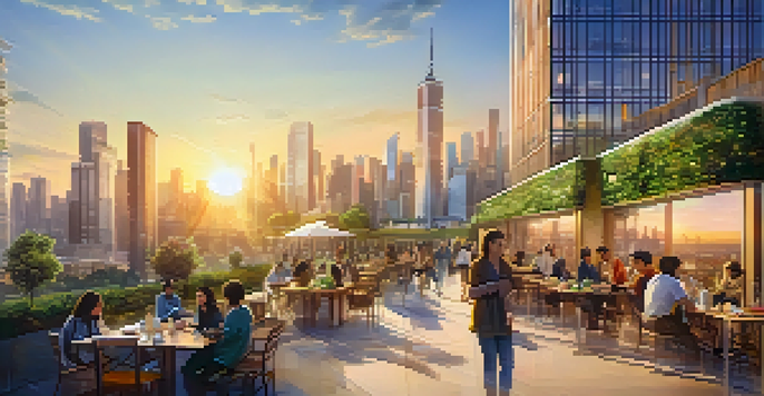 A bustling urban tech hub with skyscrapers, people in parks, and a sunset sky.