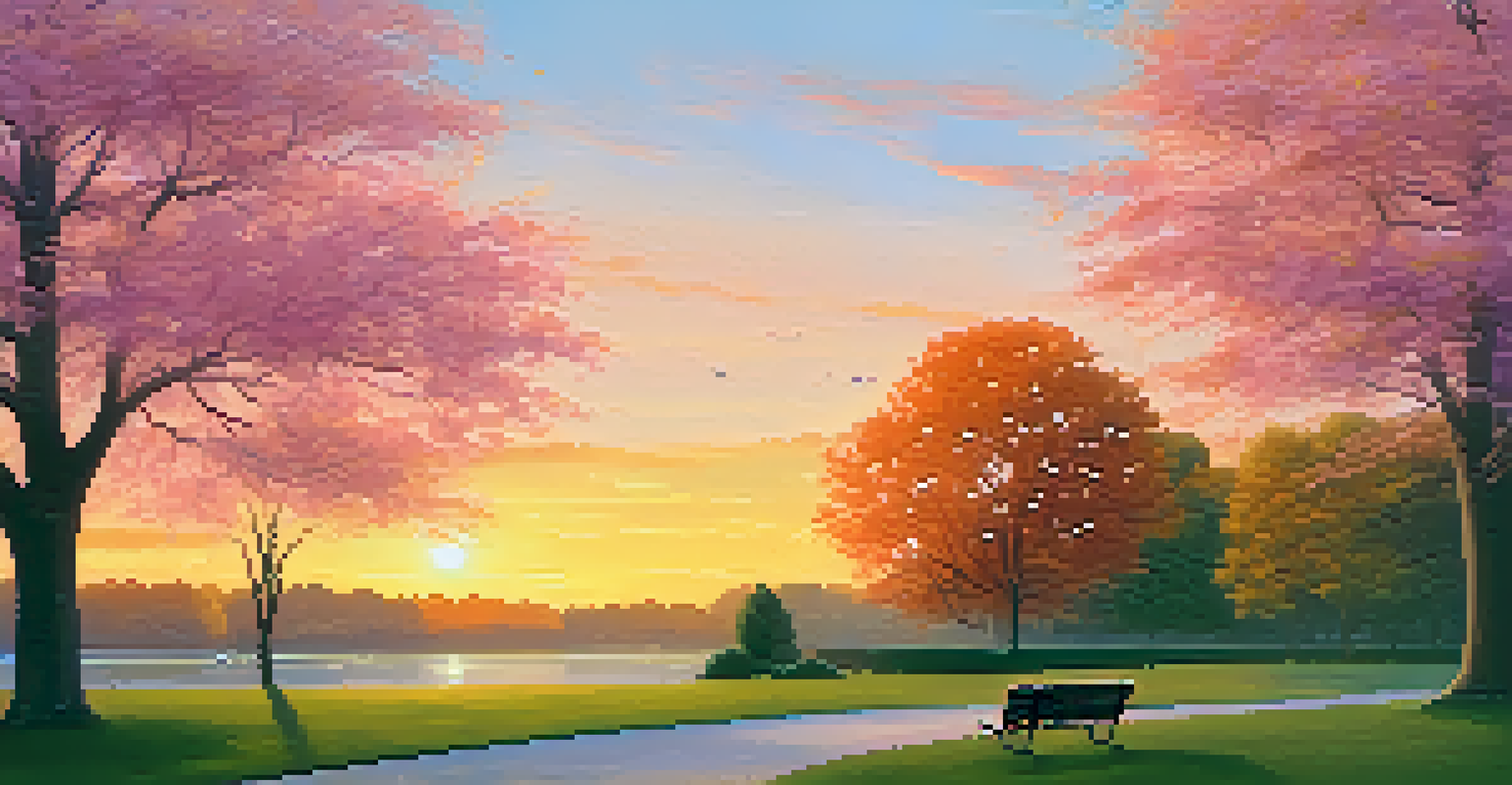 A person reading a book on a park bench at sunset, surrounded by trees and a walking path.