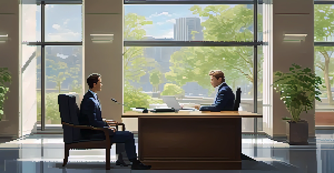 A professional interview scene showing a confident candidate and an interviewer at a modern desk, with natural light and greenery in the background.