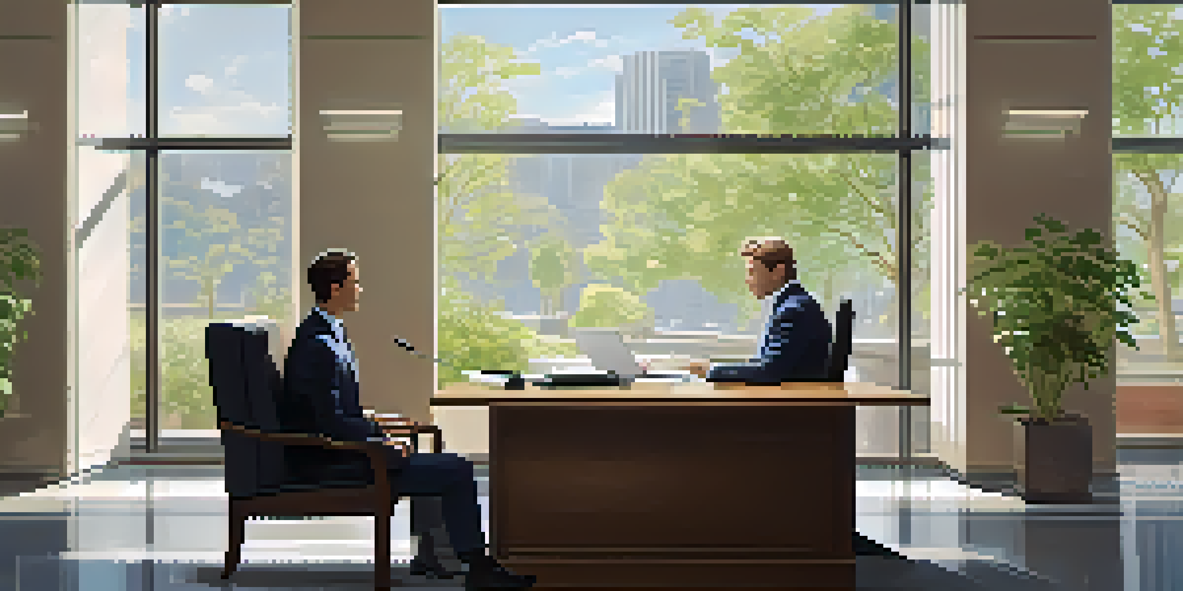 A professional interview scene showing a confident candidate and an interviewer at a modern desk, with natural light and greenery in the background.