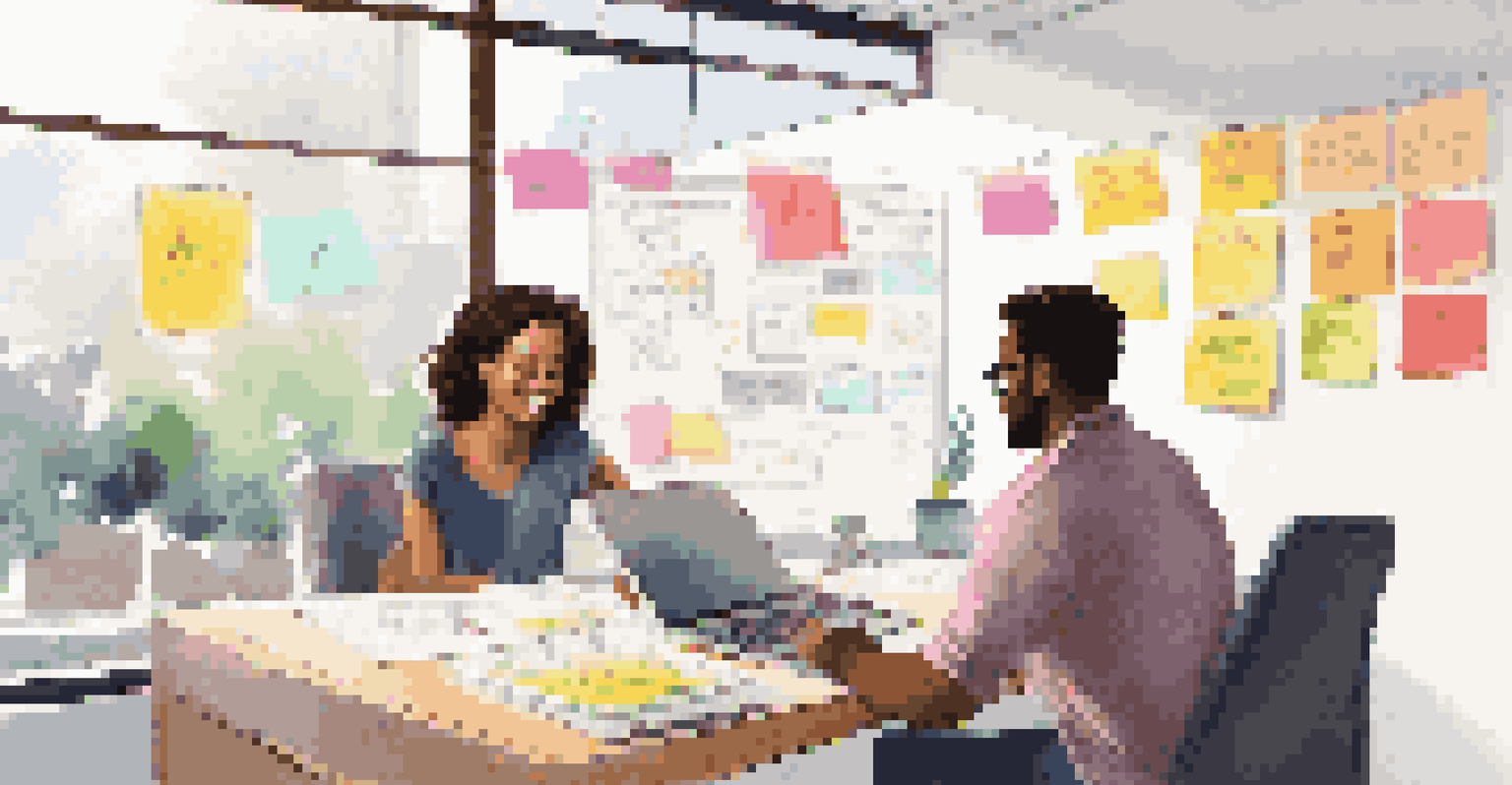 A mentor and mentee collaborating over a laptop in a bright workspace with a whiteboard filled with notes in the background.