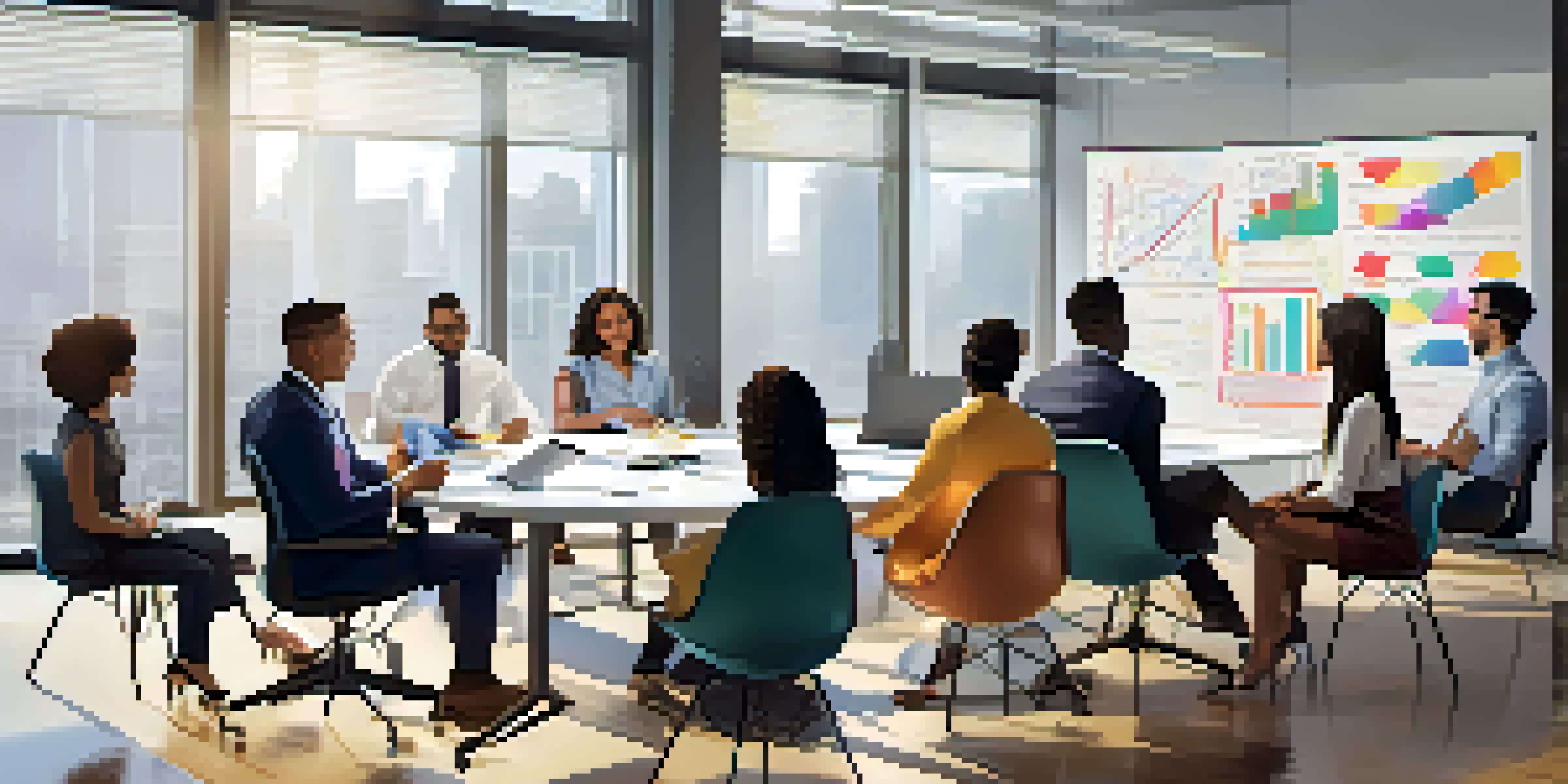 A group of diverse young professionals collaborating in a bright modern office, discussing ideas around a table.