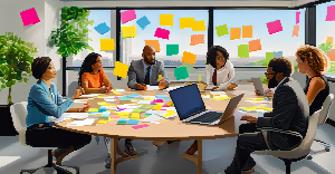A diverse group of leaders brainstorming around a table filled with post-it notes and laptops in a bright, airy room with plants.