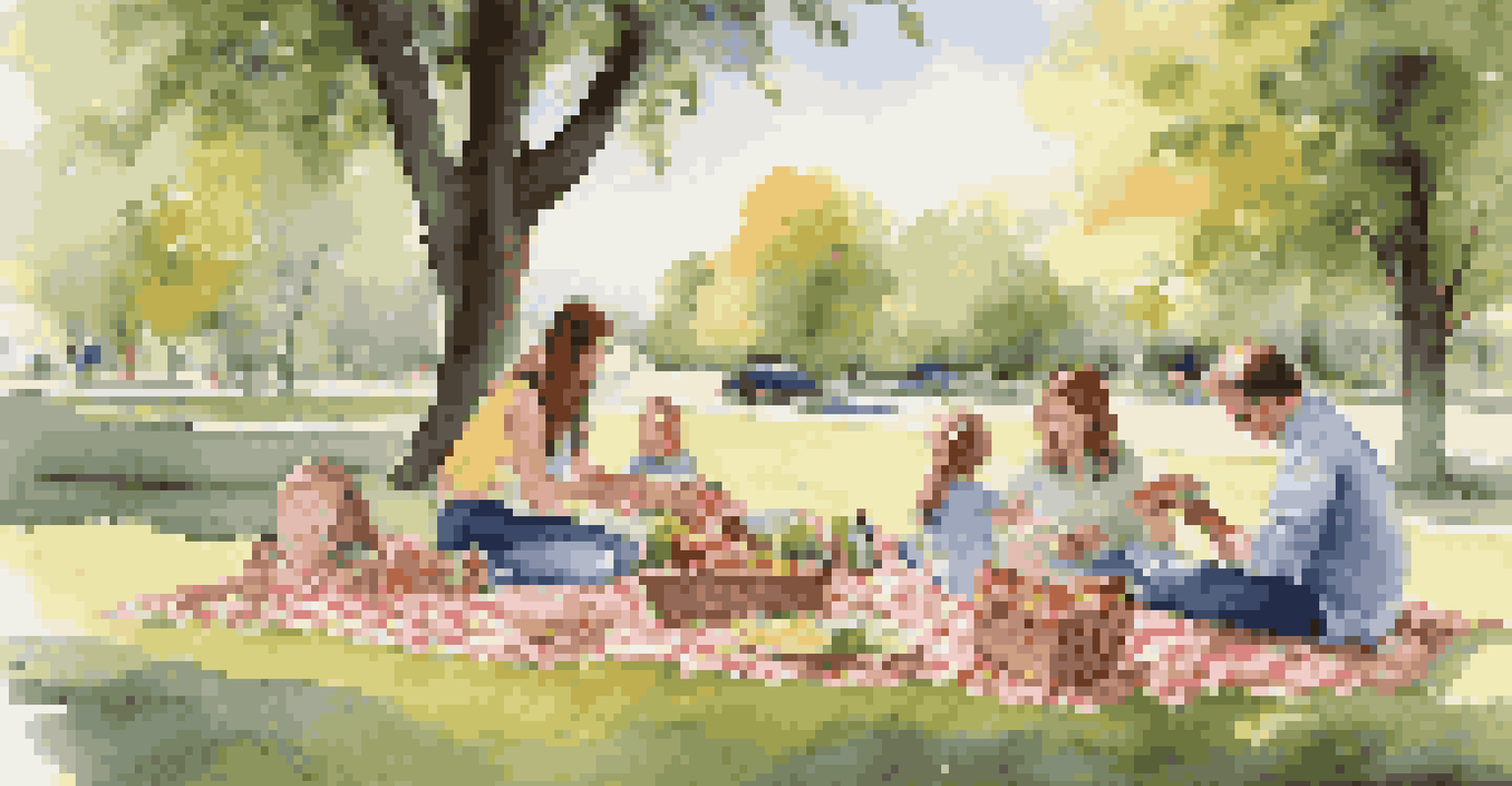 A family having a picnic in a sunny park, with a blanket, food, and children playing in the background.
