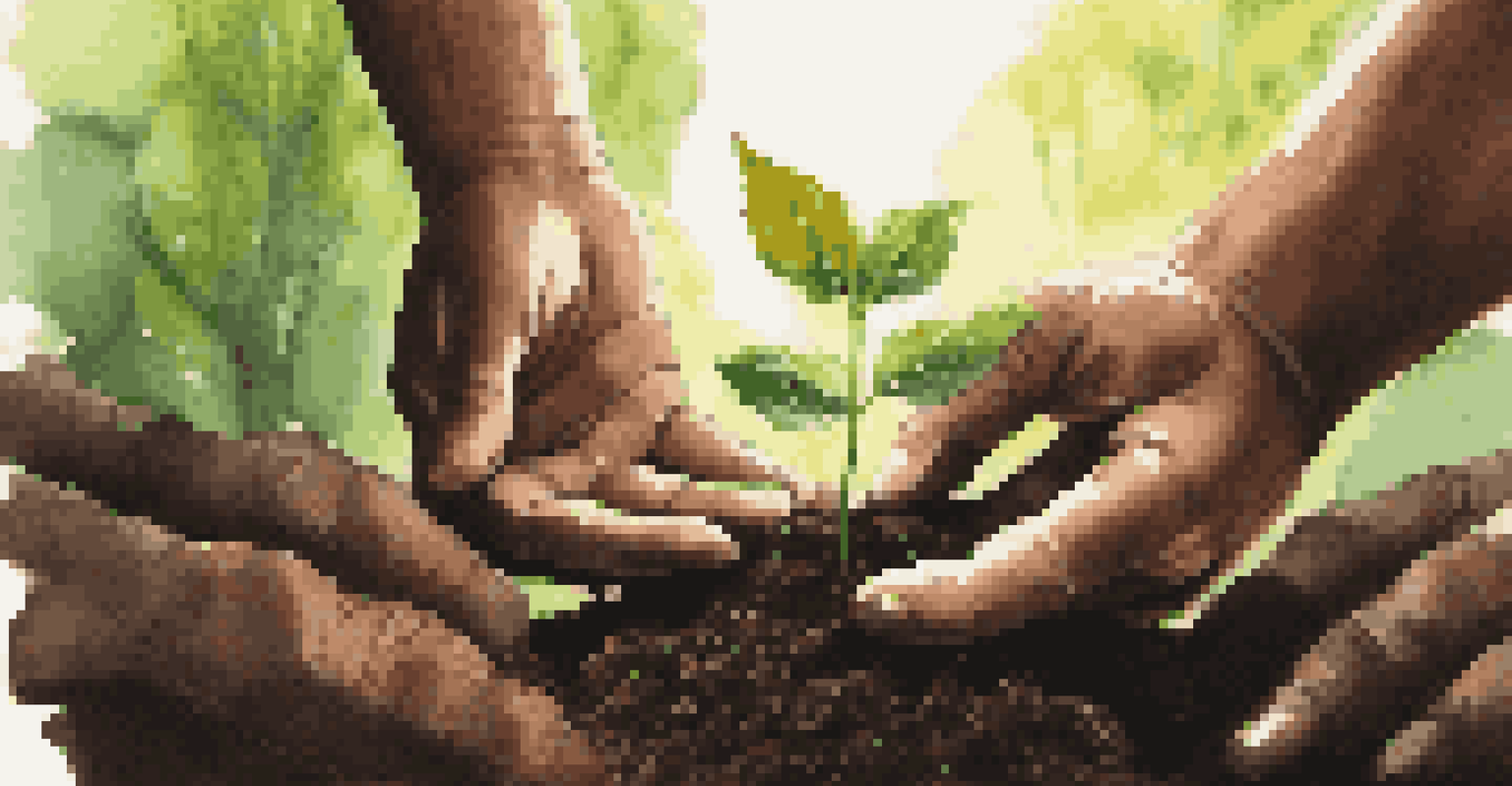Close-up of hands planting a tree sapling in soil, with a lush forest blurred in the background.