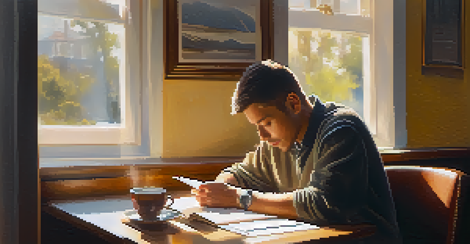 A person in a cafe thoughtfully reviewing a career assessment report, with a notebook and a steaming cup of tea on the table.