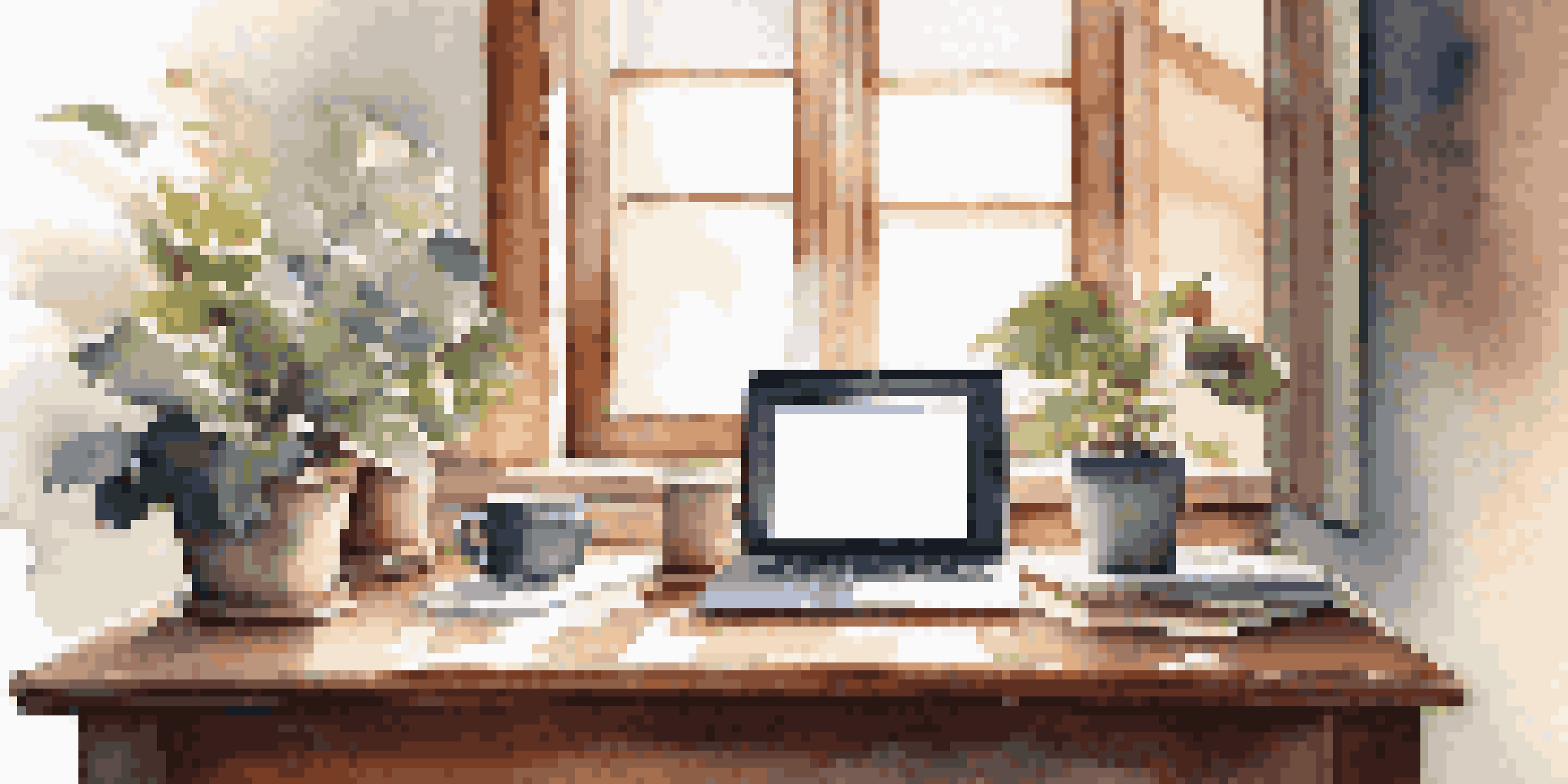 A cozy workspace featuring a wooden desk with a laptop, coffee cup, and a small plant, illuminated by soft morning light.
