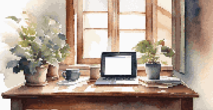 A cozy workspace featuring a wooden desk with a laptop, coffee cup, and a small plant, illuminated by soft morning light.