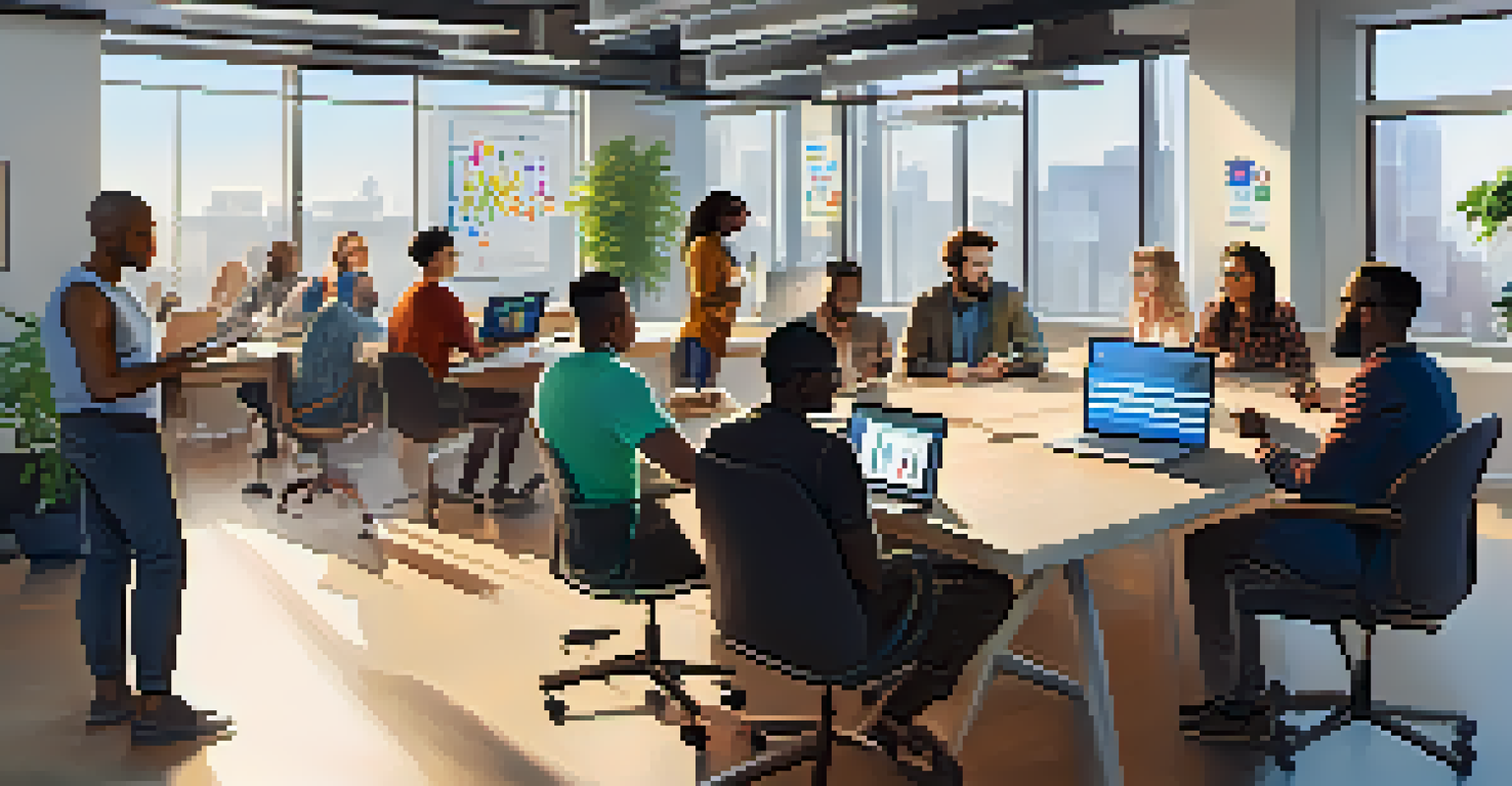 A diverse group of people collaborating in a modern co-working space, surrounded by laptops and a whiteboard filled with notes.