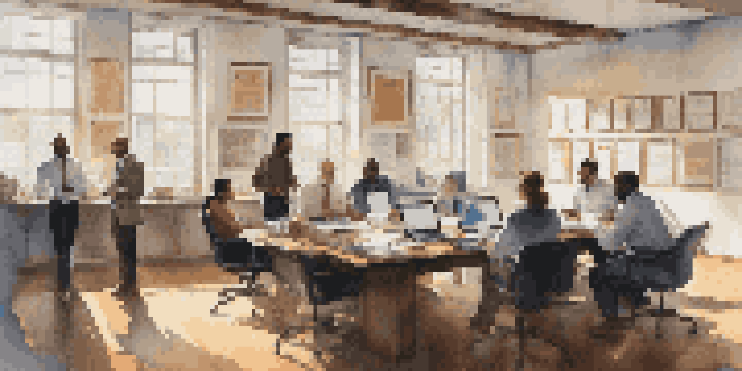A diverse group of professionals discussing in a bright office with certification materials and framed certificates on the walls.