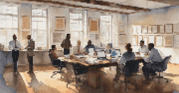 A diverse group of professionals discussing in a bright office with certification materials and framed certificates on the walls.