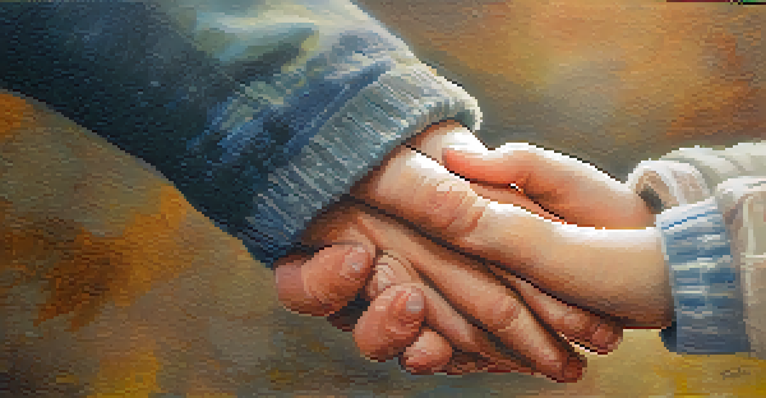 Two hands clasped together, one larger and one smaller, symbolizing support and connection between a parent and child.