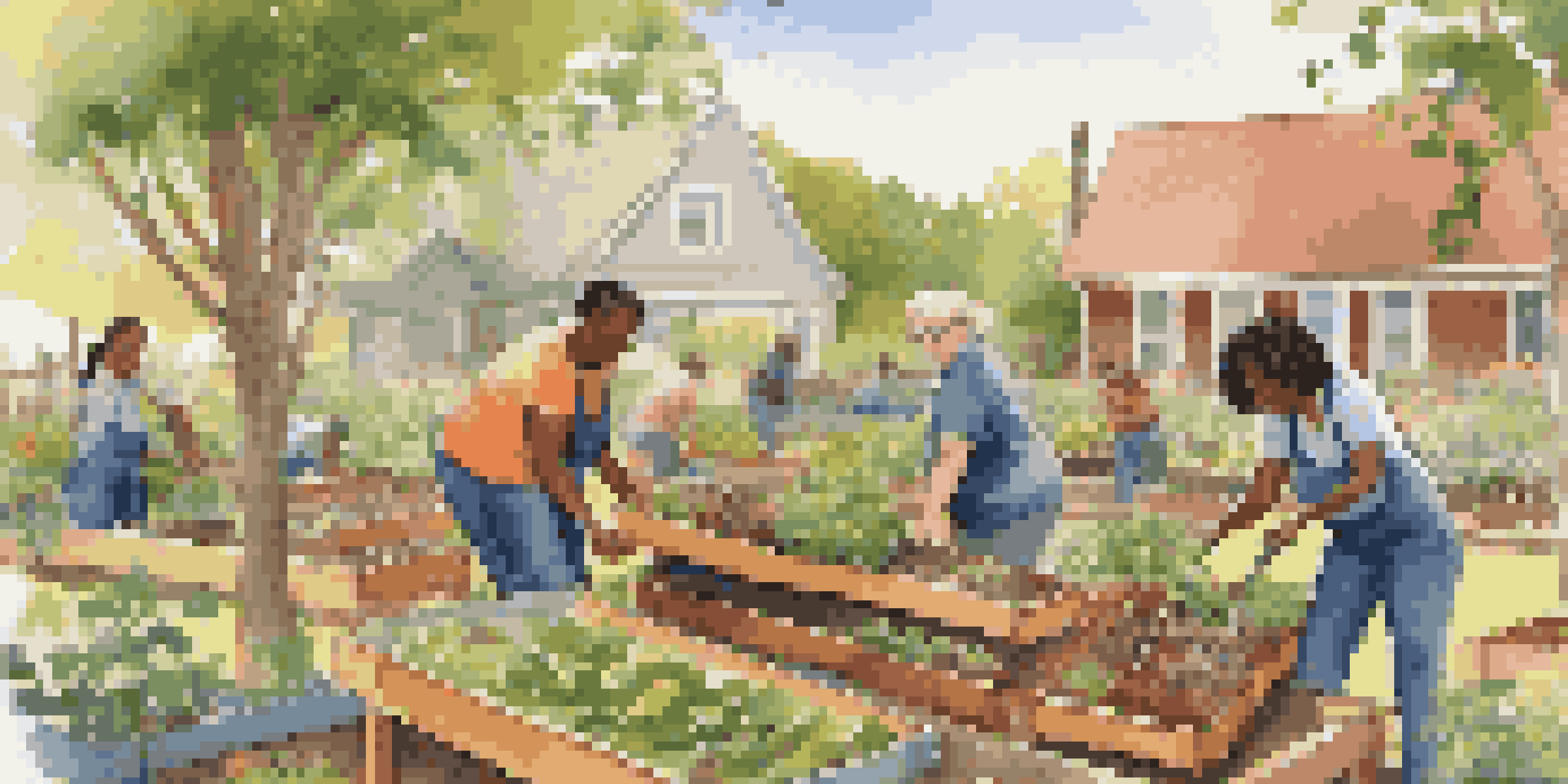 A group of diverse volunteers working together in a community garden, planting flowers and vegetables under warm sunlight.