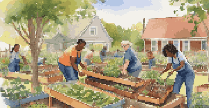 A group of diverse volunteers working together in a community garden, planting flowers and vegetables under warm sunlight.