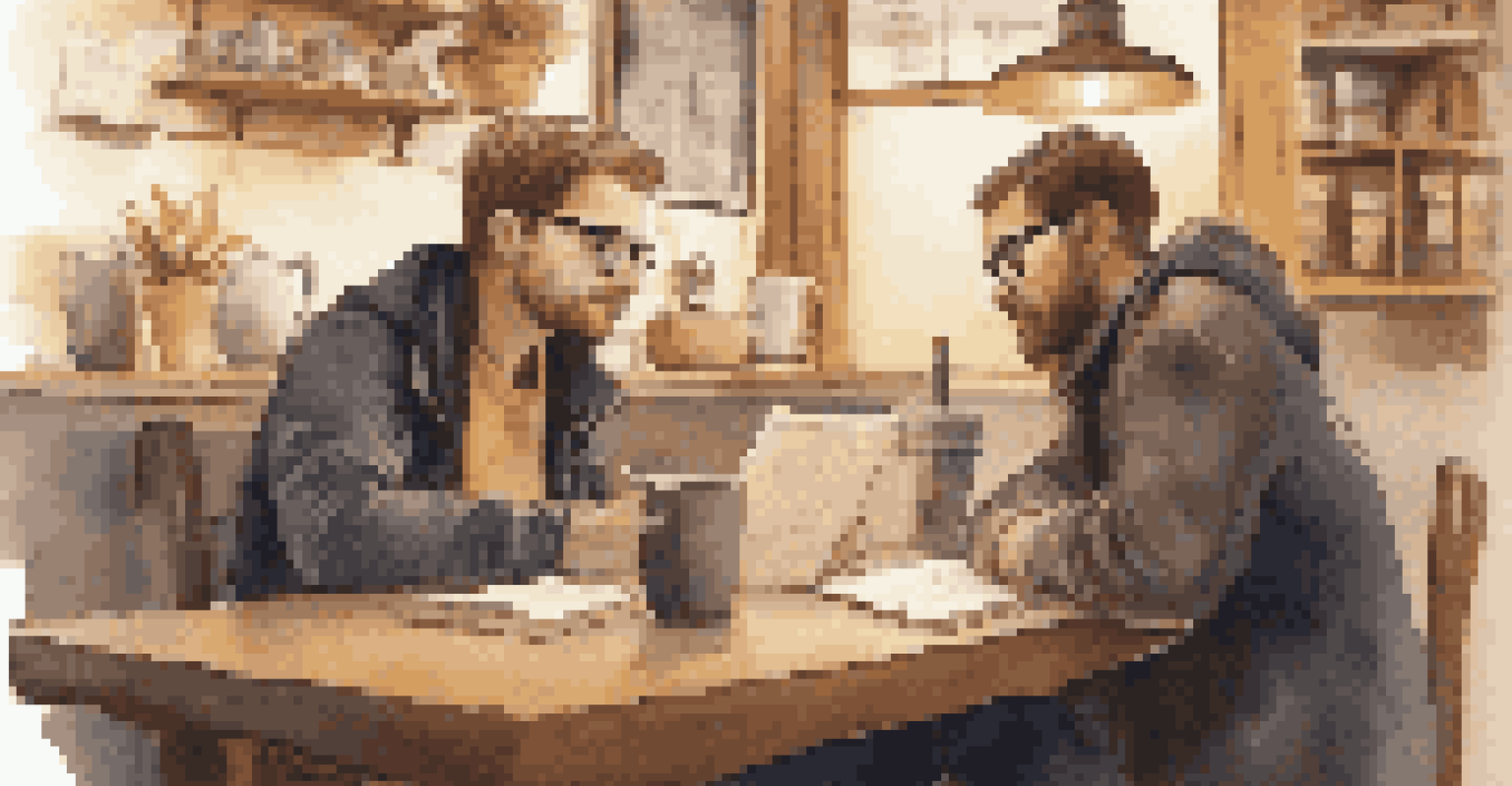 A mentor and a mentee engaged in a productive discussion over coffee in a cozy coffee shop.