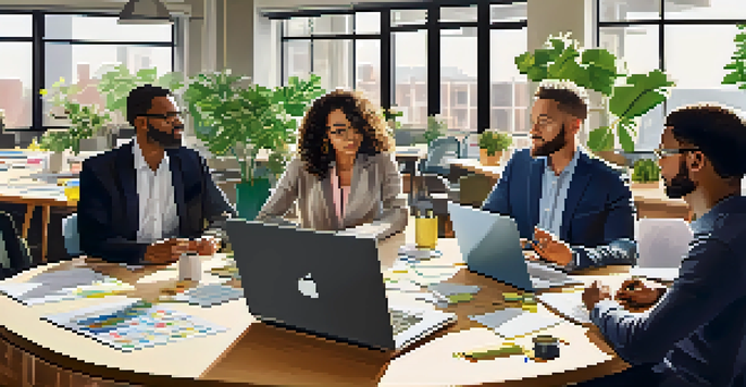 A diverse team of professionals collaborating in a bright room filled with natural light, surrounded by plants and engaging with laptops and post-it notes.