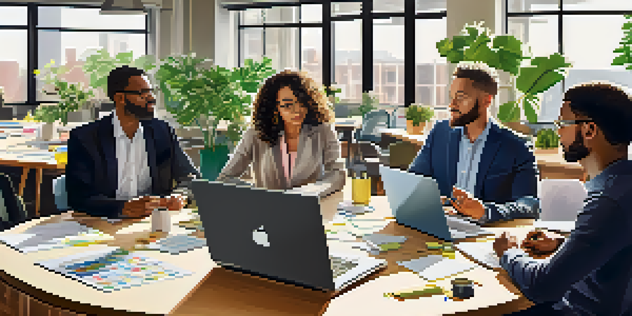 A diverse team of professionals collaborating in a bright room filled with natural light, surrounded by plants and engaging with laptops and post-it notes.