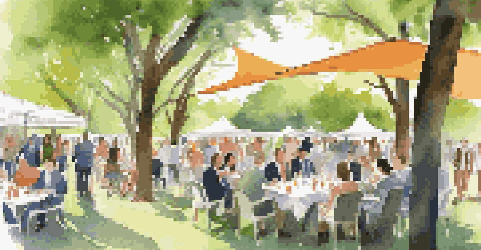 Young professionals networking in a park, engaging in conversations and exchanging business cards under the trees.