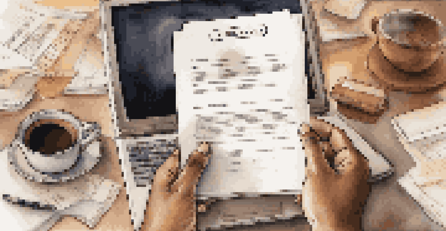 Close-up of diverse hands holding a code of ethics document on a desk with a laptop and coffee cup.