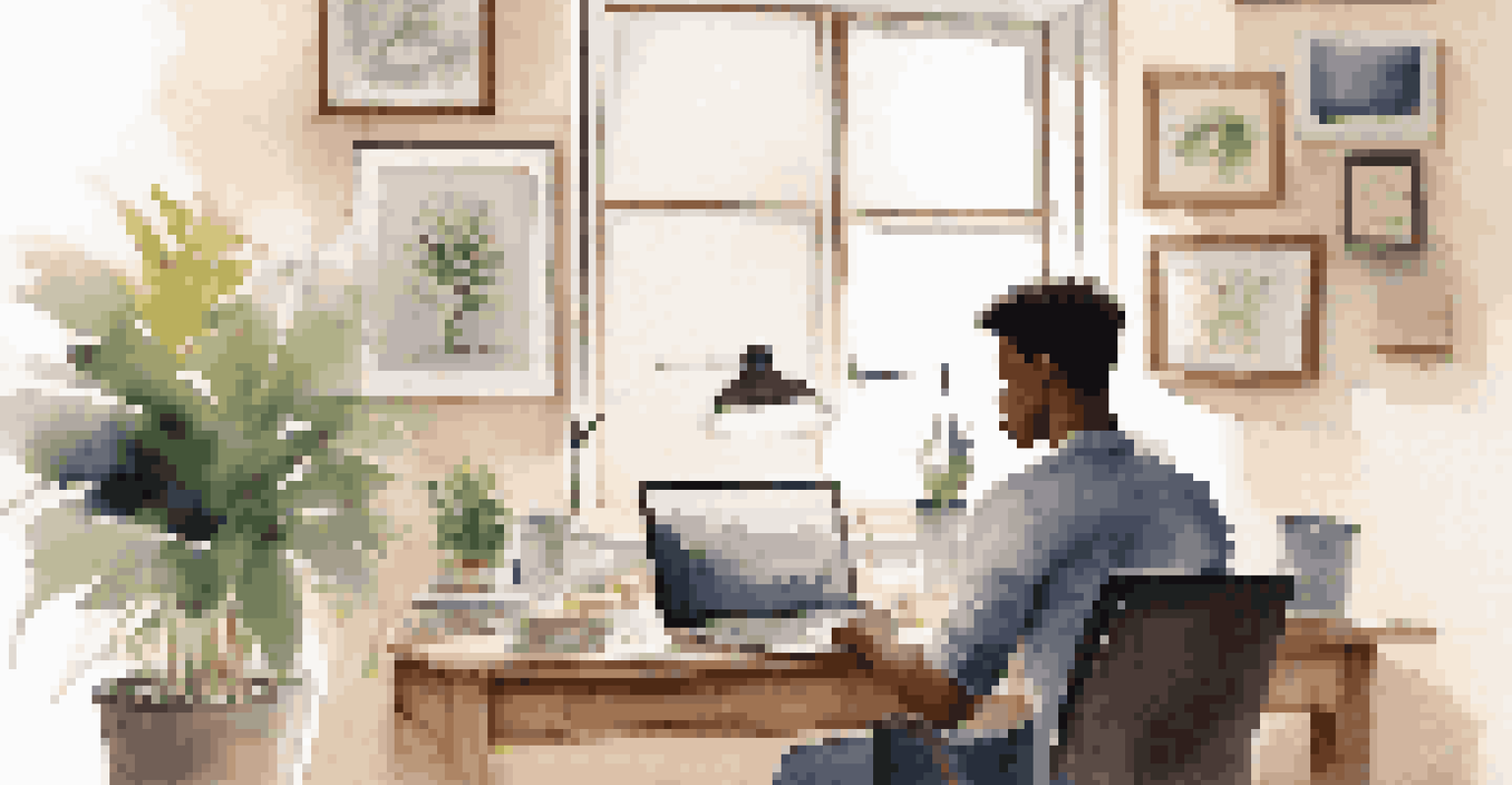 A young graduate reviewing their resume in a well-lit study space at home, surrounded by motivational decor.