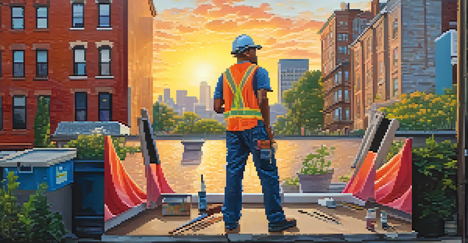 A gig worker painting a colorful mural in an urban setting during sunset.