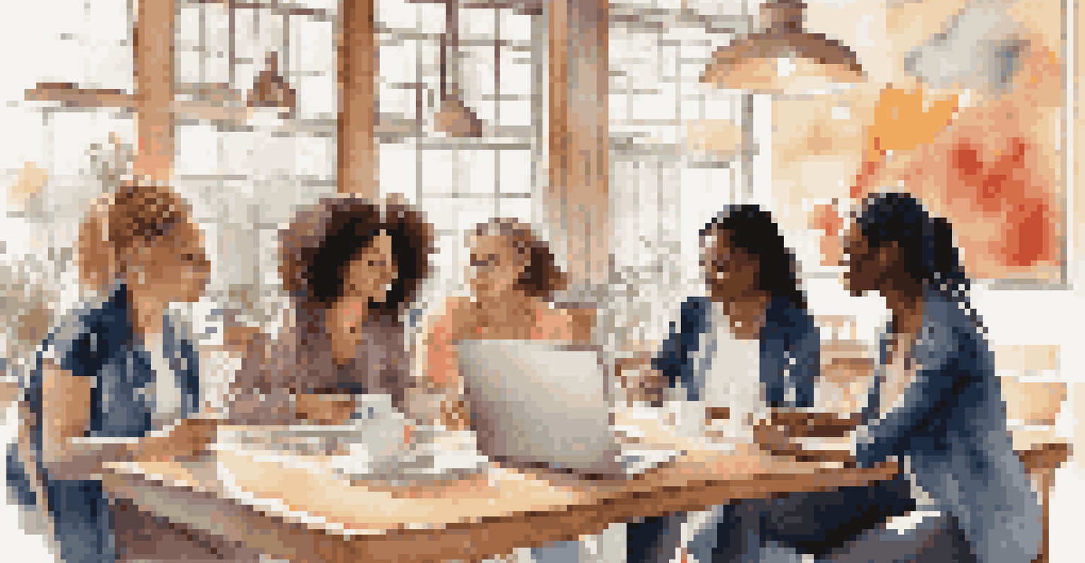 A group of diverse women collaborating and sharing ideas in a vibrant café setting.