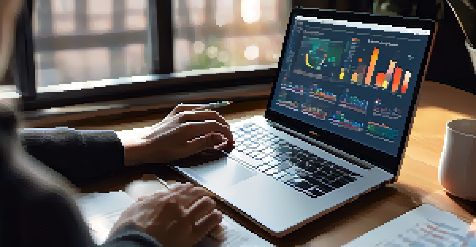 Close-up of hands on a laptop displaying data charts in a cozy workspace.